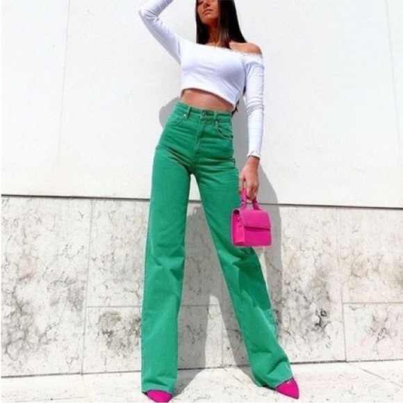 Zara Bloggers Favourite Brat Balletcore High Waisted Wide Leg Jeans Green Size 4 - Picture 2 of 16